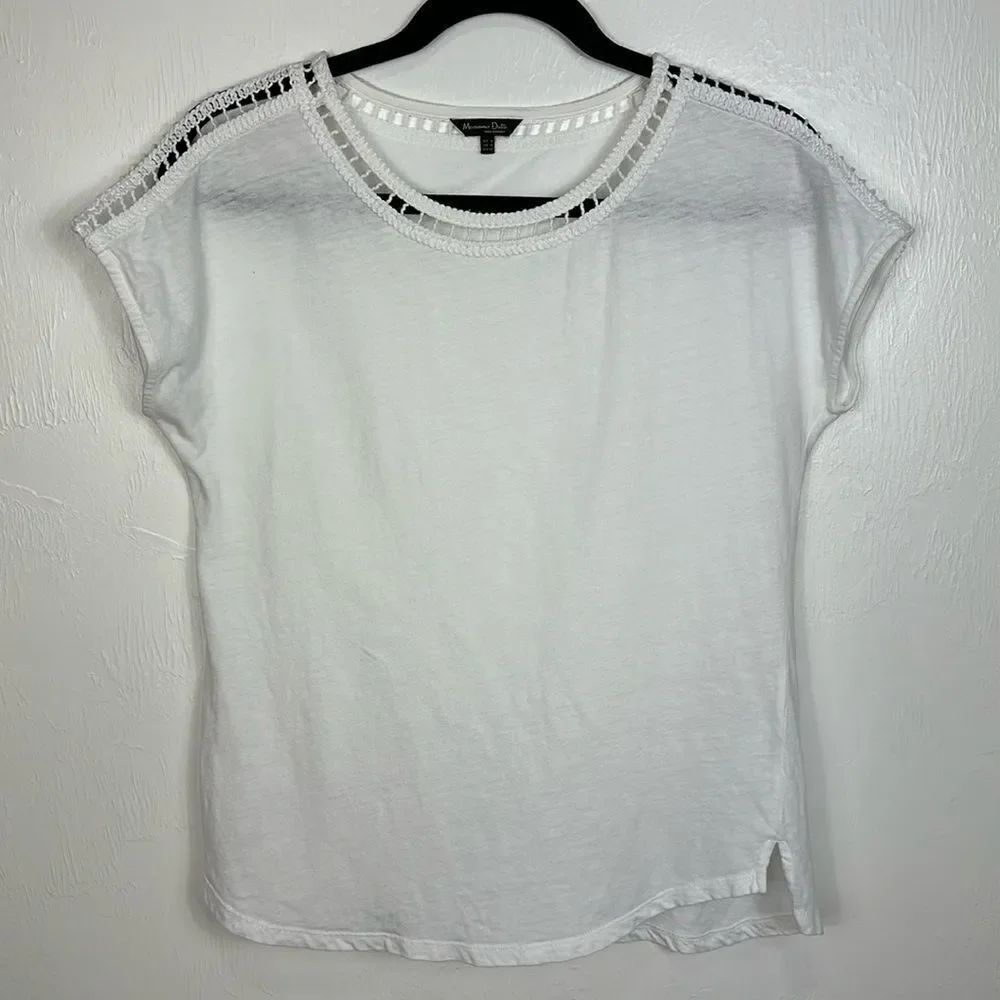 Massimo Dutti Eyelet Trim Short Sleeve Round Neck T-shirt In White Size M